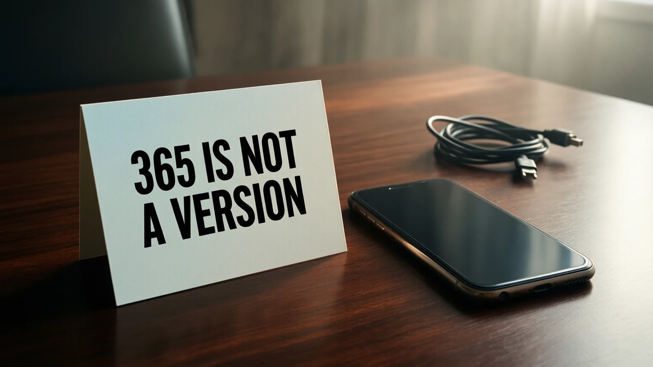 A flat matte card standing upright on a dark polished wooden desk, facing the lens, printed with the single line 365 IS NOT A VERSION in heavy black type on a pale background, and beside it a smartphone lying face up with a blank dark screen.