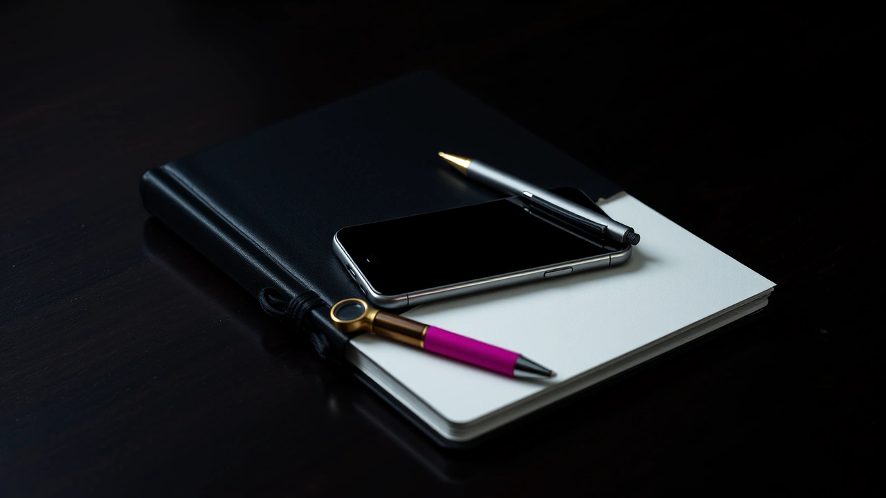 A closed plain paper notebook with a dark cloth cover lying on a dark polished wooden desk, a smartphone lying face down beside it, a brass magnifying loupe resting on the cover and a pen laid diagonally across the notebook.