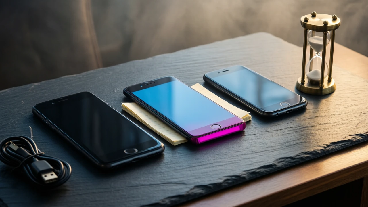 Three smartphones lying face down in a neat row on a dark polished slate desk, each phone a different size, a folded paper note tucked under the middle one and a small brass hourglass standing at the right edge.
