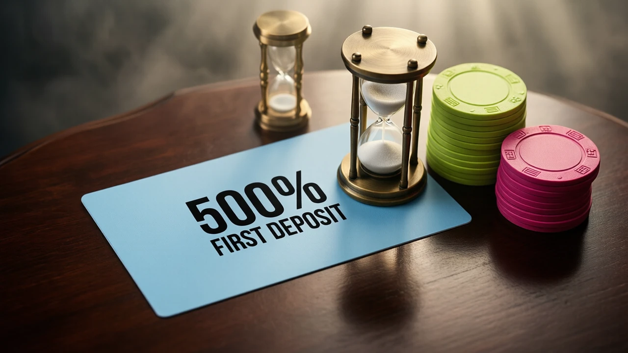 A flat matte card lying on a dark polished wooden desk facing the lens, printed with the single line 500% FIRST DEPOSIT in heavy black type, a small brass hourglass standing beside it with sand running, and a neat stack of lime green chips next to a stack of rose pink chips.
