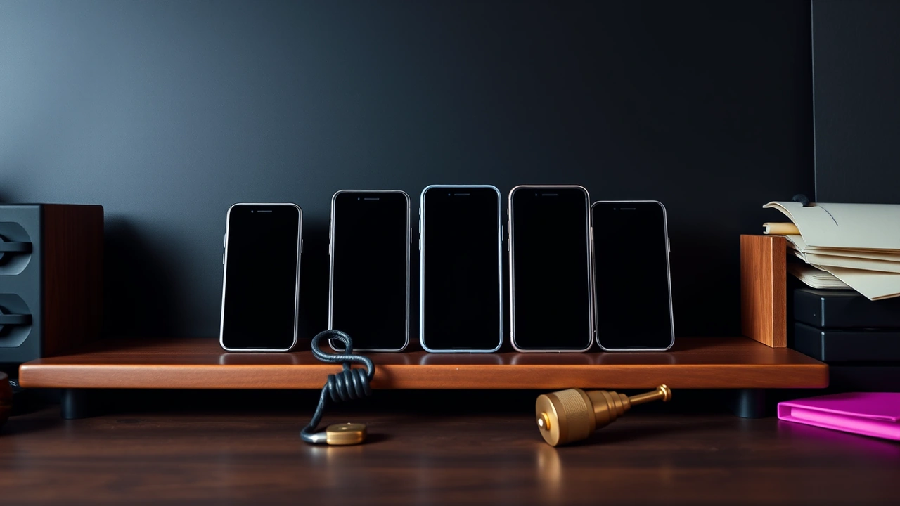 A low wooden shelf on a dark desk holding five smartphones of different sizes standing upright in a row, each with a blank dark screen, a coiled charging cable and a small closed brass padlock lying in front of them.