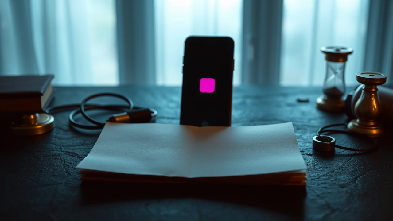 A folded paper note lying open on a dark slate desk under a brass magnifying loupe, a smartphone standing upright behind it with one plain rose pink rounded-square icon on its dark screen, and soft floodlight haze far in the distance.
