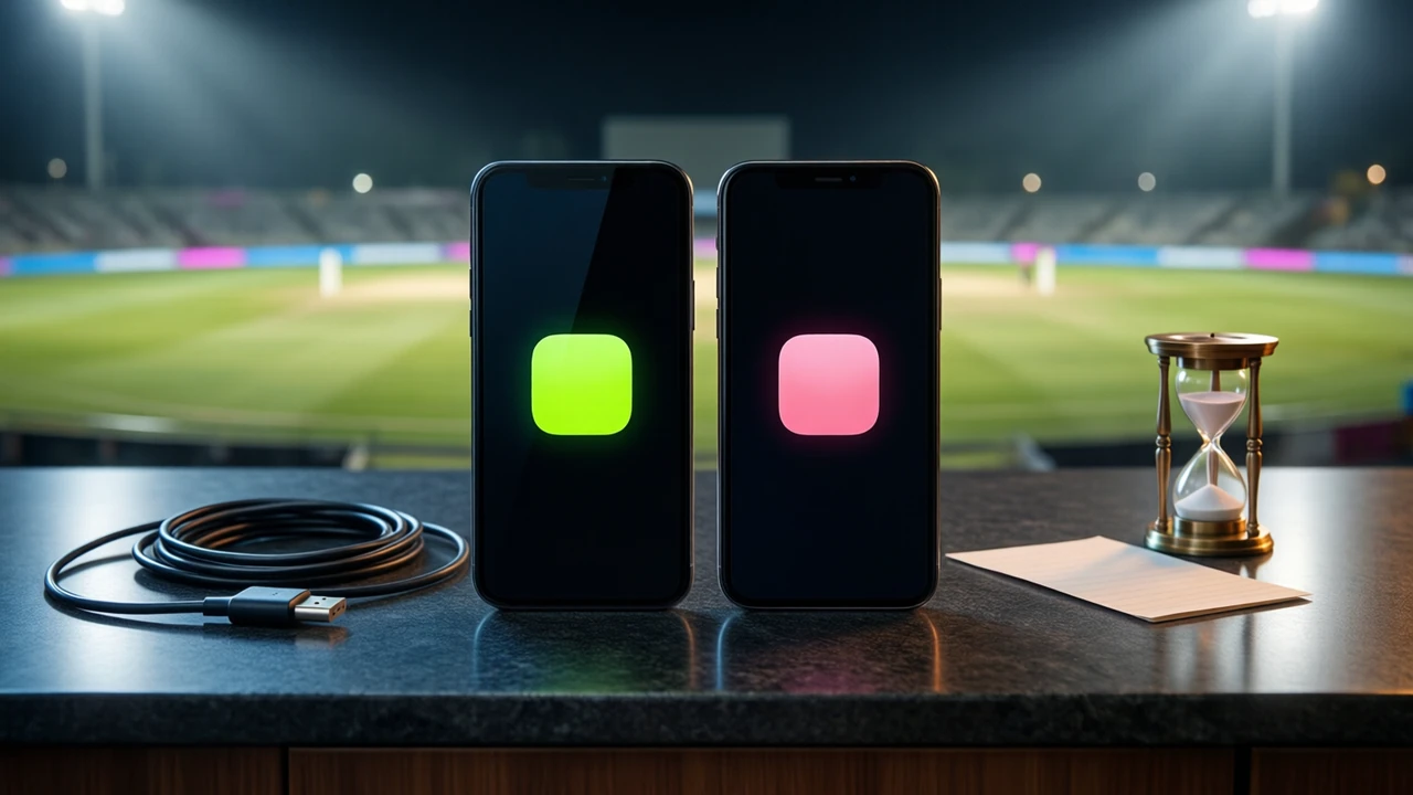 Two smartphones standing upright on a dark polished slate desk, each screen filled by one plain rounded-square app icon with no letters, the left icon lime green and the right icon rose pink, a narrow gap between the phones, and far behind the desk a floodlit cricket ground at night, soft and out of focus.
