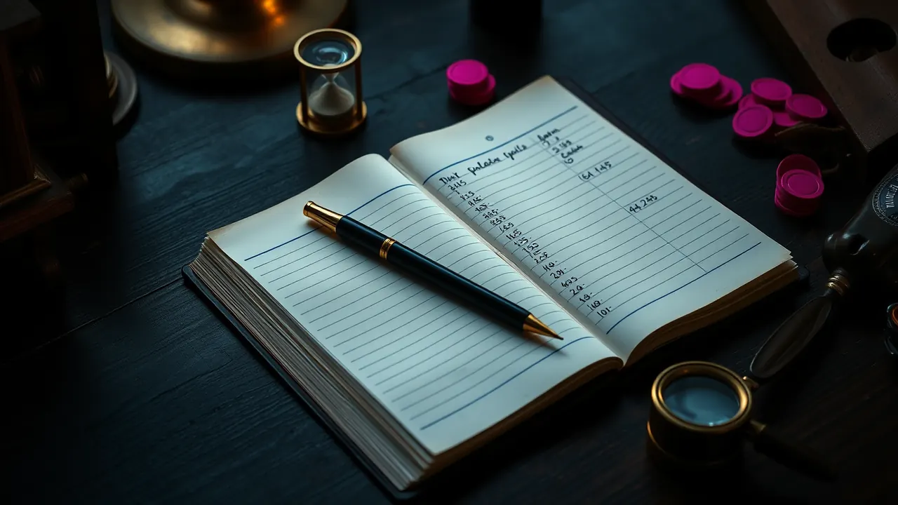 A ruled paper ledger lying open on a dark polished wooden desk with two columns of handwritten figures, a pen resting across it, a small brass hourglass at the top of the page and a short stack of rose pink chips at the edge.
