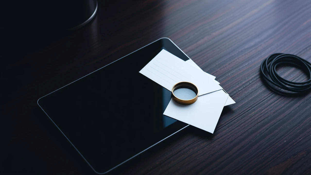 A tablet lying flat on a dark polished wooden desk with a blank dark screen, three plain paper cards fanned out beside it with blank ruled lines, and a brass magnifying loupe resting on the top card.